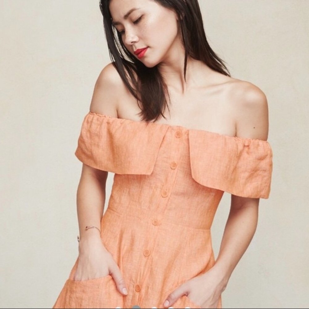 Reformation Landy Linen Orange Botanica Mini Button Down Dress Size 4